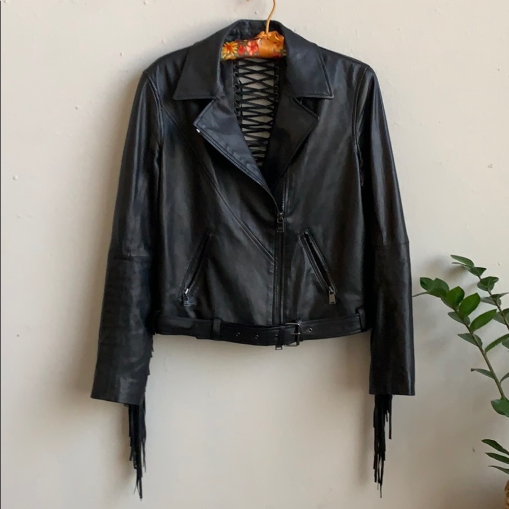 🖤 Haute Hippie Corset Fringe Leather Moto Jacket